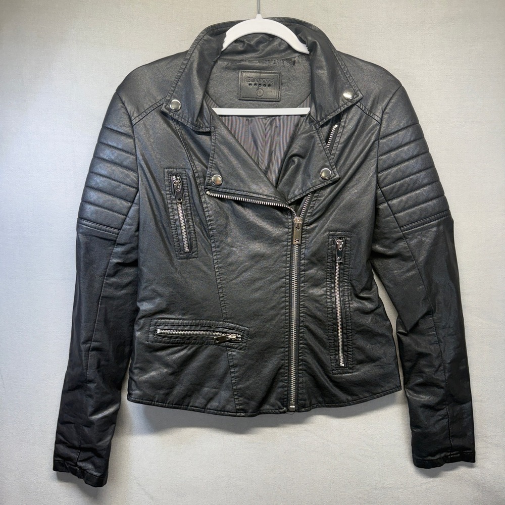 BLANKNYC Moto Jacket Women Small Black Vegan Leather Padded Biker Asymmetric Zip